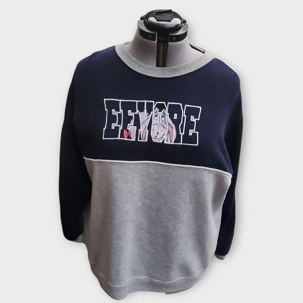 Pooh 100 Acre Collection Disney Sweater Women's L Eeyore Spellout Colorblock VTG
